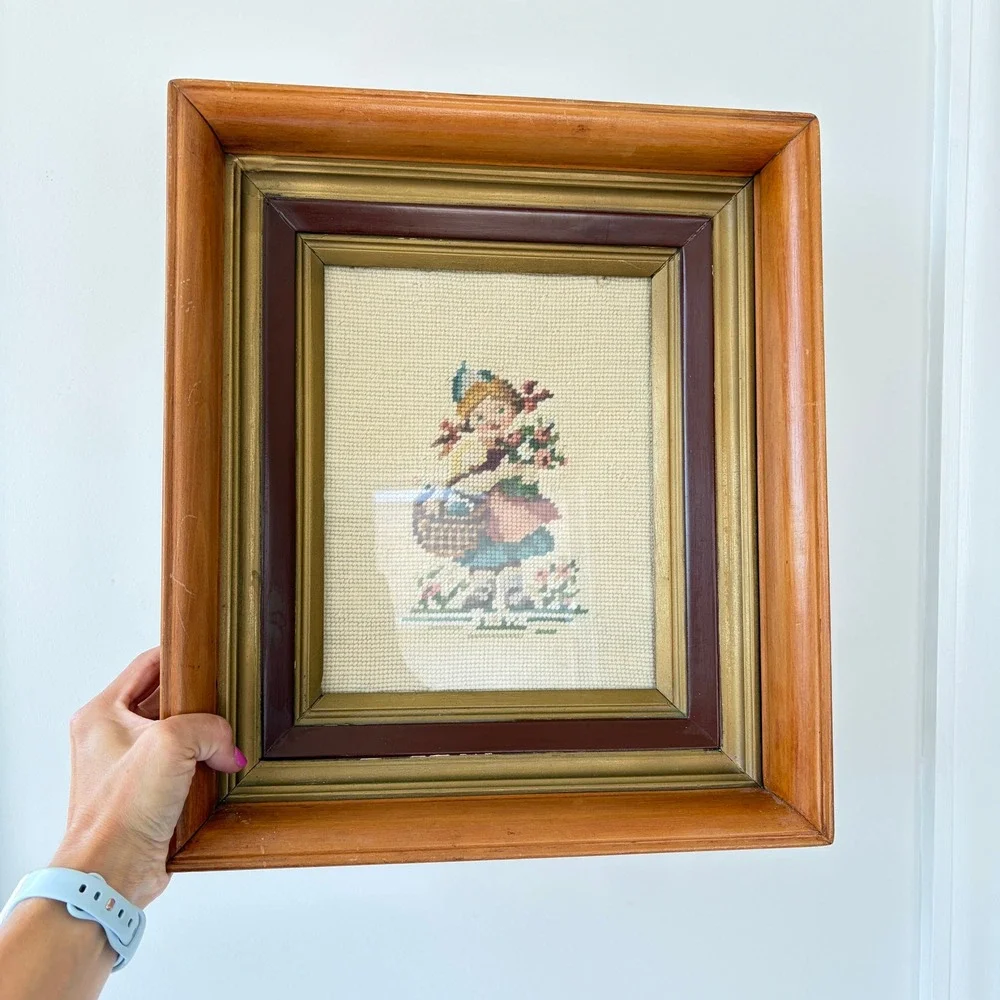 Vintage 1964 Hummel Style Needlepoint Framed Art Girl with Basket Wood Frame